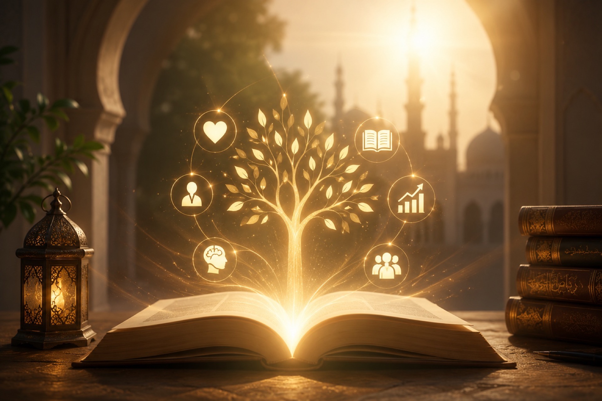 Libro abierto del que surge un árbol de conocimiento iluminado. Tema: Los beneficios