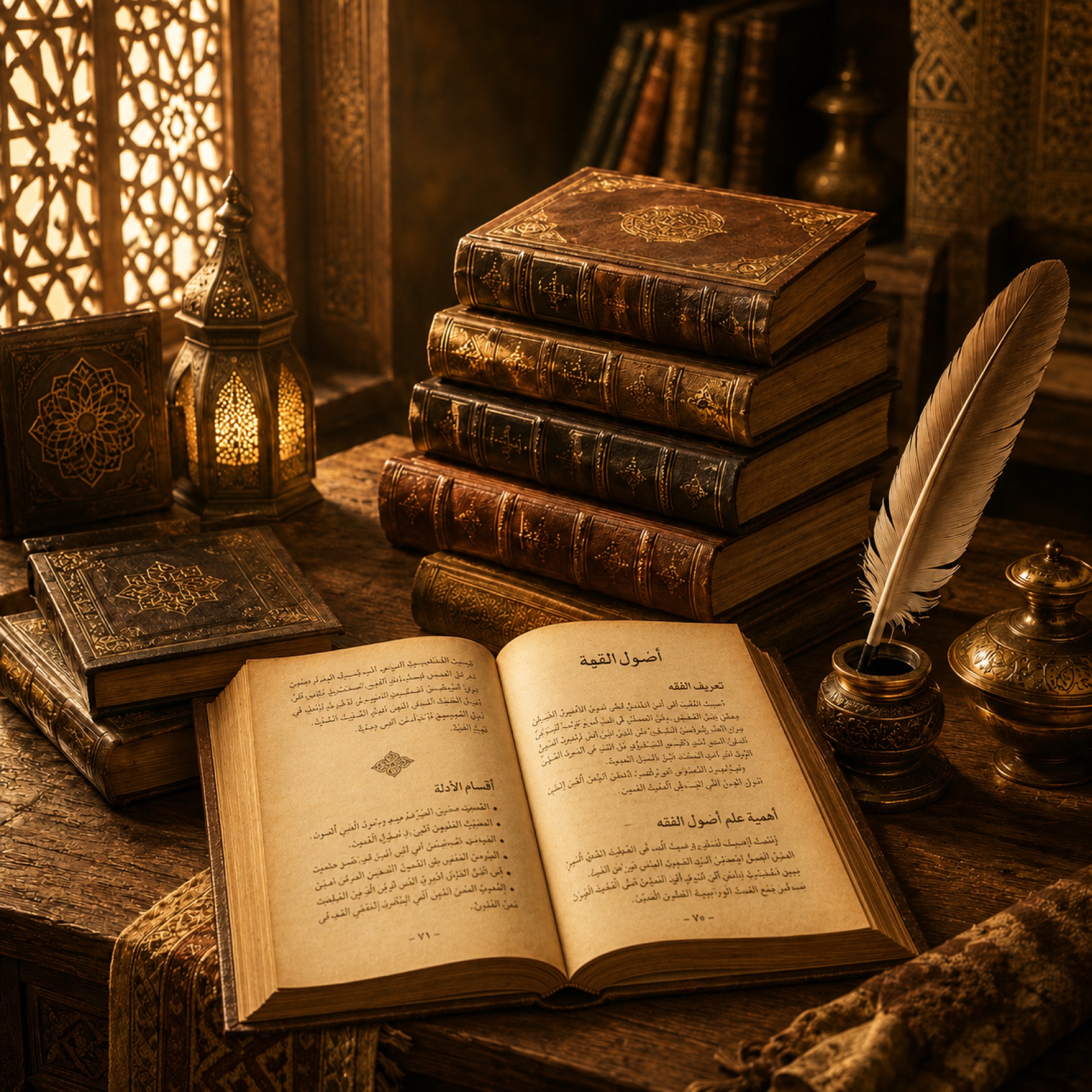 Libro abierto junto a una colección de libros y una pluma. Tema: La narración